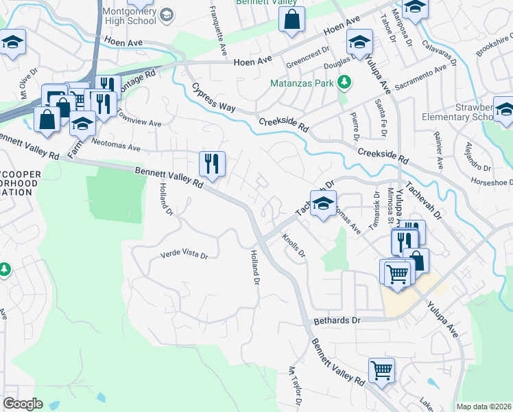 map of restaurants, bars, coffee shops, grocery stores, and more near 2030 Knolls Drive in Santa Rosa