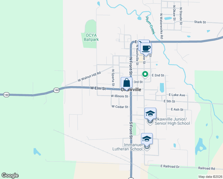map of restaurants, bars, coffee shops, grocery stores, and more near 106 South Sparta Street in Okawville