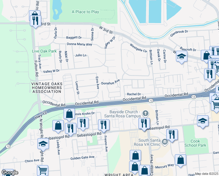map of restaurants, bars, coffee shops, grocery stores, and more near 415 Occidental Circle in Santa Rosa