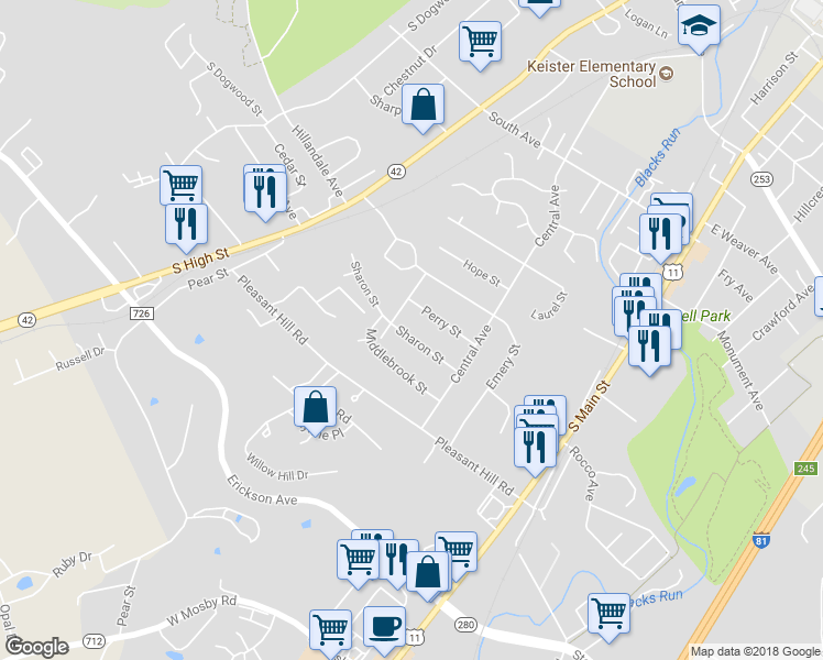 map of restaurants, bars, coffee shops, grocery stores, and more near 90 Sharon Street in Harrisonburg