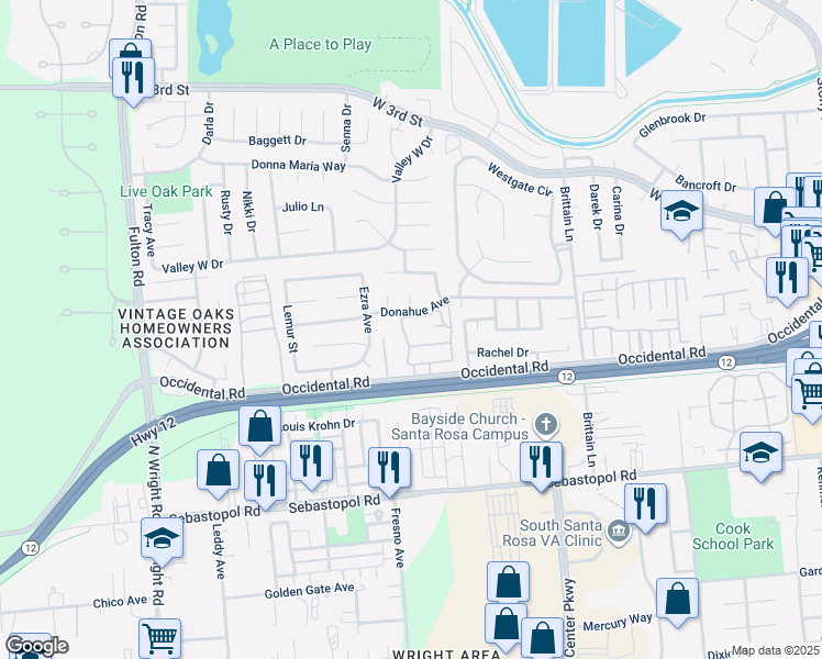 map of restaurants, bars, coffee shops, grocery stores, and more near 415 Occidental Circle in Santa Rosa