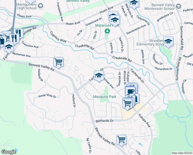map of restaurants, bars, coffee shops, grocery stores, and more near 2250 Mesquite Drive in Santa Rosa