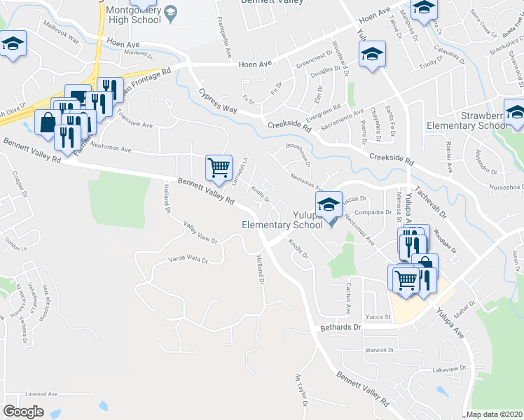 map of restaurants, bars, coffee shops, grocery stores, and more near 2030 Knolls Drive in Santa Rosa