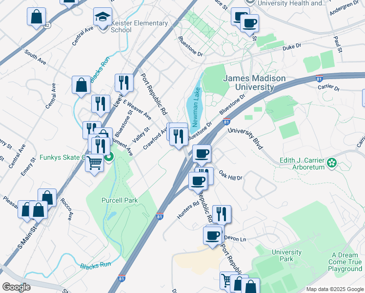 map of restaurants, bars, coffee shops, grocery stores, and more near 309 Port Republic Rd in Harrisonburg