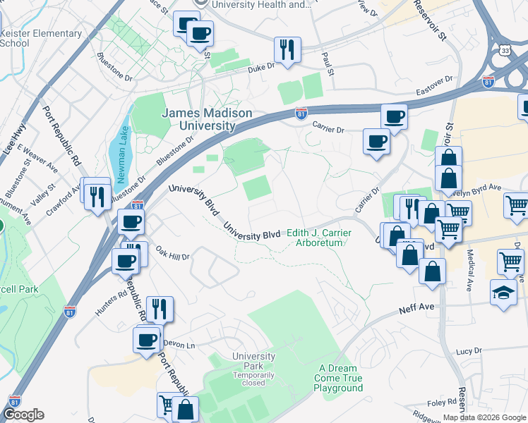 map of restaurants, bars, coffee shops, grocery stores, and more near 831 University Boulevard in Harrisonburg