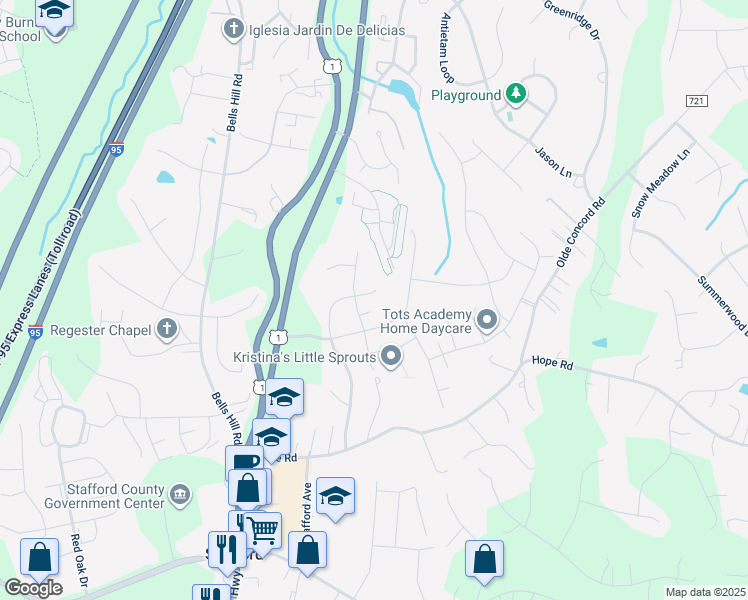 map of restaurants, bars, coffee shops, grocery stores, and more near 28 Pinehurst Lane in Stafford