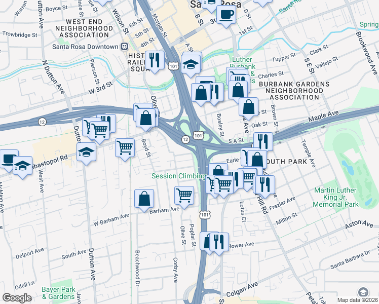 map of restaurants, bars, coffee shops, grocery stores, and more near 611 South Davis Street in Santa Rosa