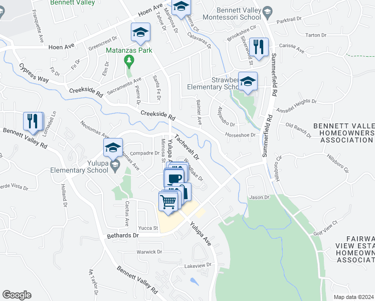 map of restaurants, bars, coffee shops, grocery stores, and more near 2780 Tachevah Drive in Santa Rosa
