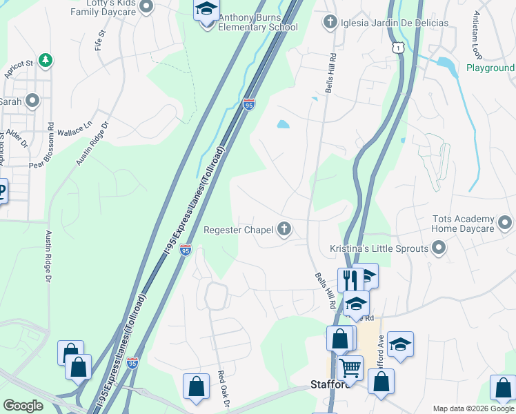 map of restaurants, bars, coffee shops, grocery stores, and more near 27 Daffodil Lane in Stafford