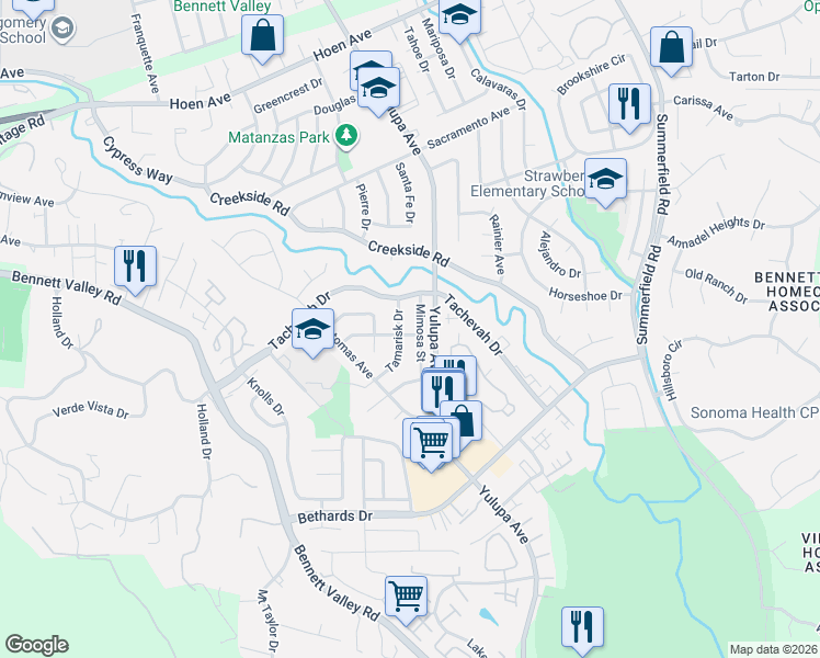 map of restaurants, bars, coffee shops, grocery stores, and more near 2521 Tamarisk Drive in Santa Rosa