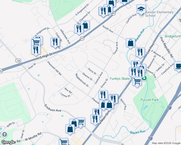 map of restaurants, bars, coffee shops, grocery stores, and more near 83 Sharon Street in Harrisonburg