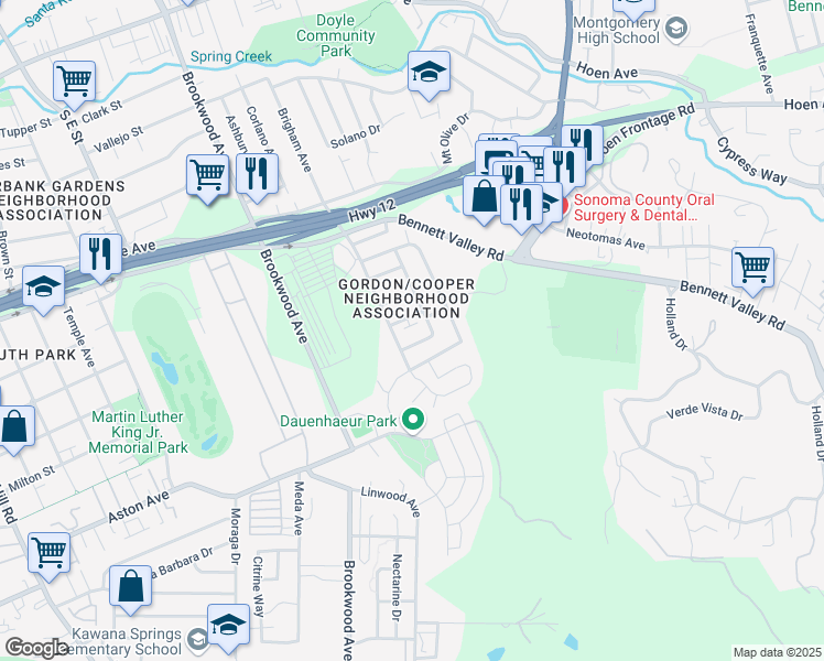 map of restaurants, bars, coffee shops, grocery stores, and more near 1732 Montesa Place in Santa Rosa