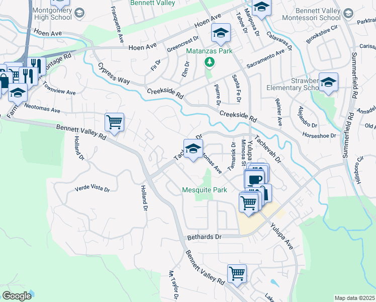 map of restaurants, bars, coffee shops, grocery stores, and more near 2460 Tachevah Drive in Santa Rosa