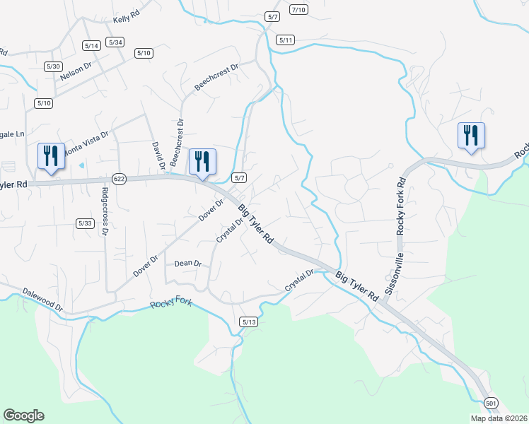 map of restaurants, bars, coffee shops, grocery stores, and more near 5144 Big Tyler Rd in Charleston