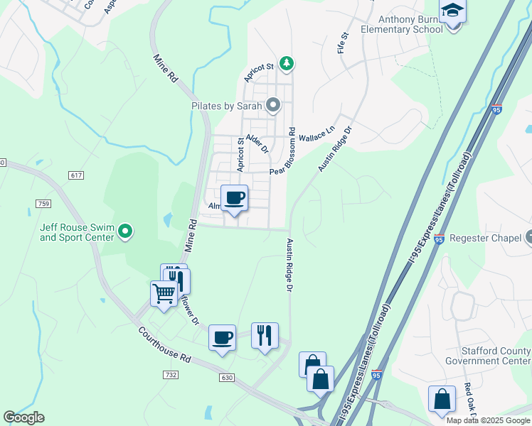 map of restaurants, bars, coffee shops, grocery stores, and more near 101 Almond Drive in Stafford
