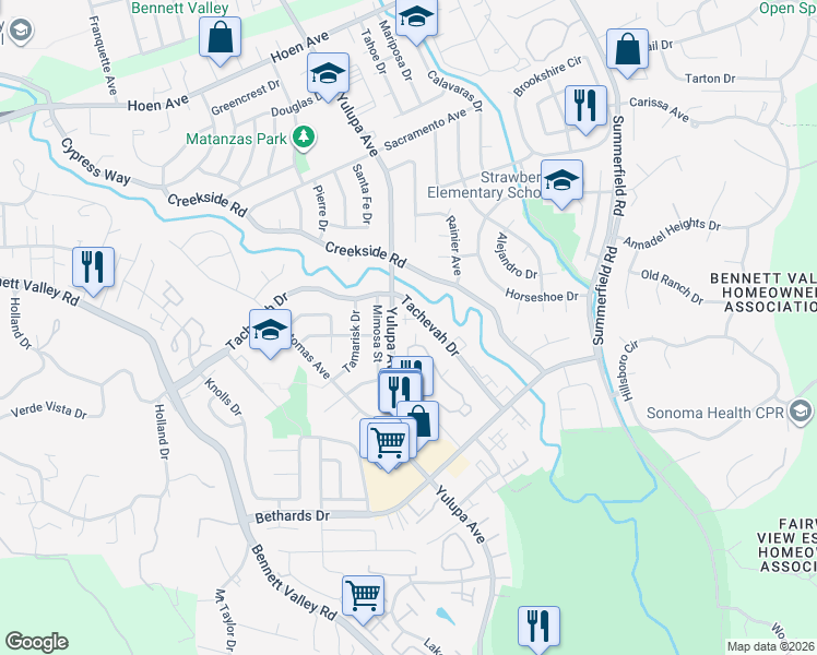 map of restaurants, bars, coffee shops, grocery stores, and more near 2723 Tachevah Drive in Santa Rosa