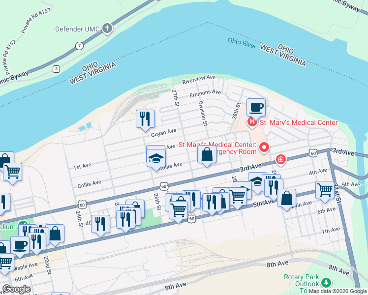 map of restaurants, bars, coffee shops, grocery stores, and more near 2700 1st Avenue in Huntington