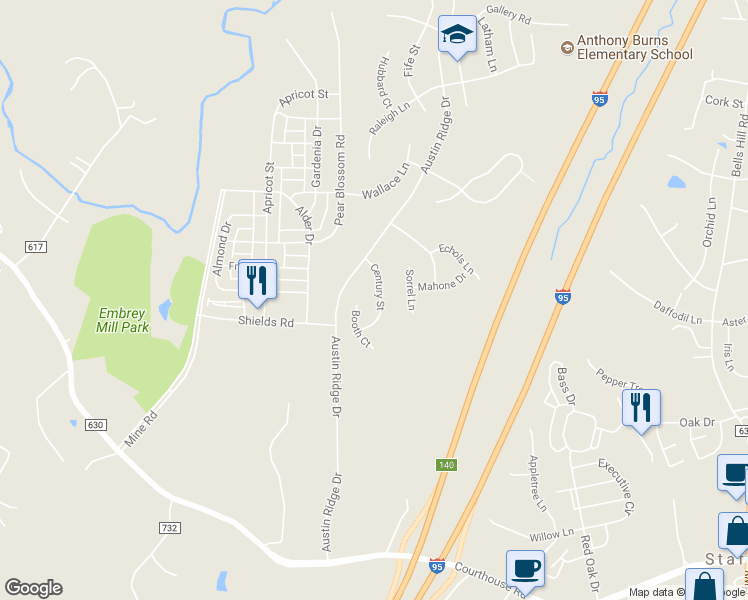 map of restaurants, bars, coffee shops, grocery stores, and more near 20 Century Street in Stafford