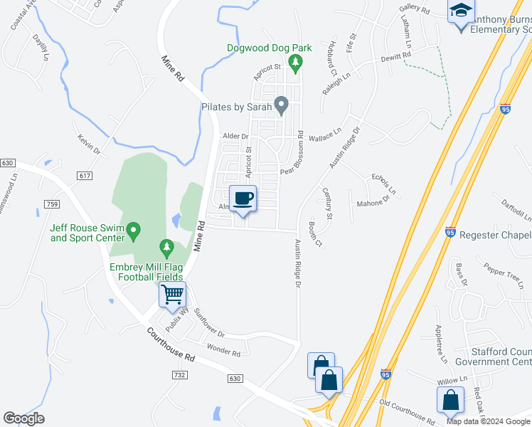 map of restaurants, bars, coffee shops, grocery stores, and more near 115 Almond Drive in Stafford
