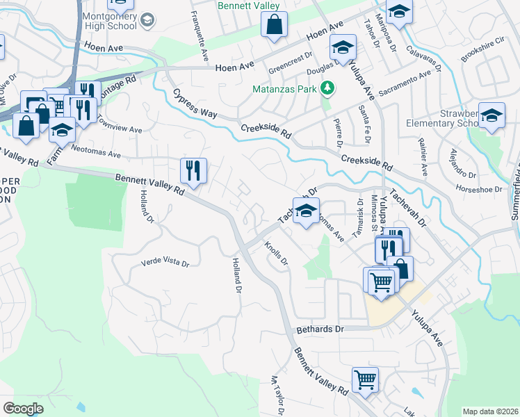 map of restaurants, bars, coffee shops, grocery stores, and more near 1945 Knolls Drive in Santa Rosa