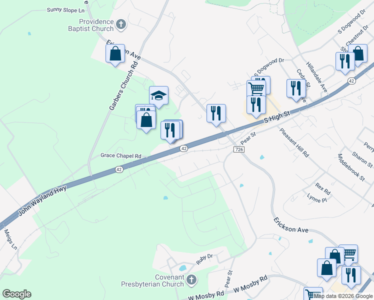 map of restaurants, bars, coffee shops, grocery stores, and more near 2000-2030 John Wayland Highway in Harrisonburg