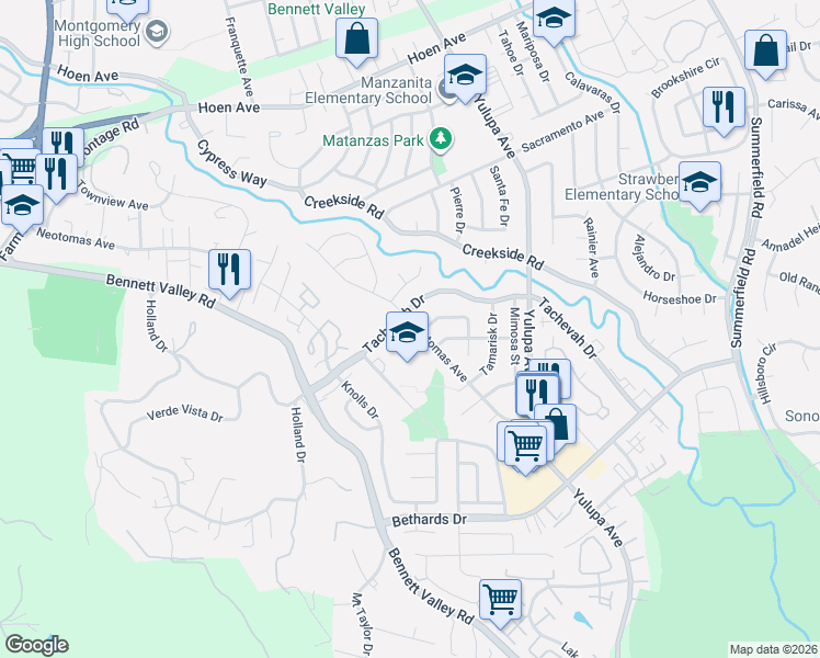 map of restaurants, bars, coffee shops, grocery stores, and more near 2527 Tachevah Drive in Santa Rosa