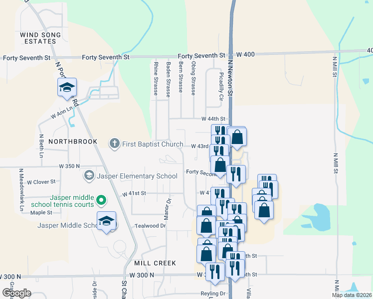 map of restaurants, bars, coffee shops, grocery stores, and more near 420 West 43rd Street in Jasper