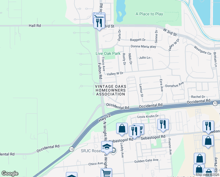 map of restaurants, bars, coffee shops, grocery stores, and more near 2445 San Sebastian Avenue in Santa Rosa
