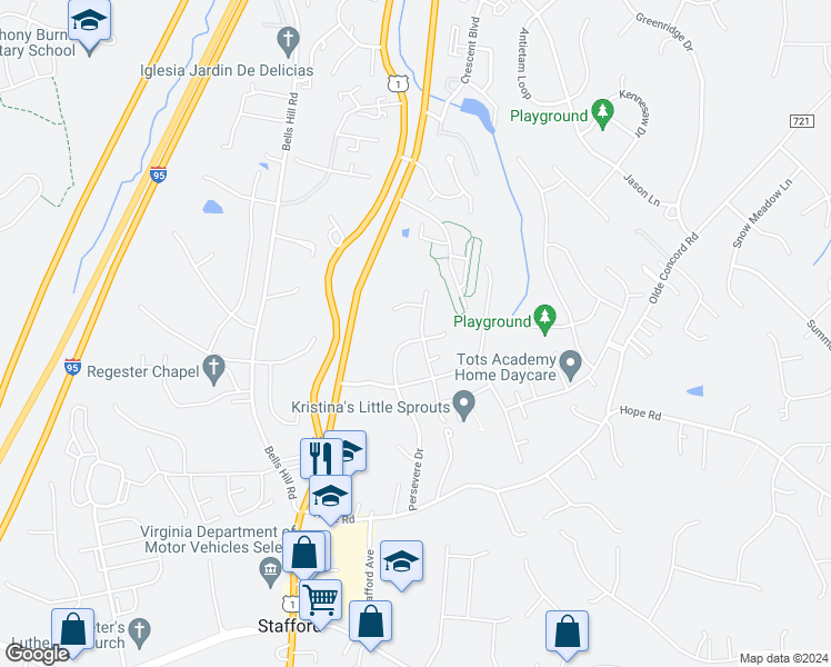 map of restaurants, bars, coffee shops, grocery stores, and more near 21 Pinehurst Lane in Stafford