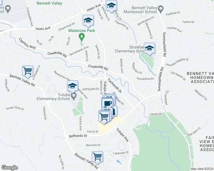 map of restaurants, bars, coffee shops, grocery stores, and more near 2414 Mimosa Street in Santa Rosa