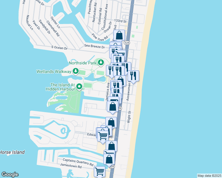 map of restaurants, bars, coffee shops, grocery stores, and more near 104 125th Street in Ocean City