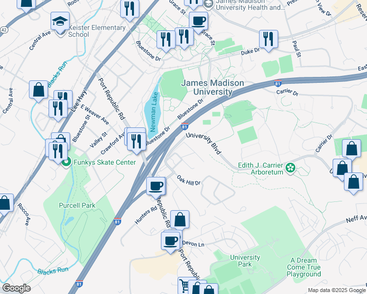 map of restaurants, bars, coffee shops, grocery stores, and more near Interstate 81 in Harrisonburg