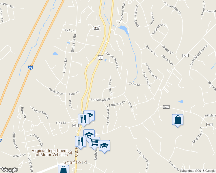 map of restaurants, bars, coffee shops, grocery stores, and more near 21 Pinehurst Lane in Stafford