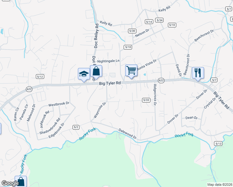 map of restaurants, bars, coffee shops, grocery stores, and more near 1570 Summit Drive in Cross Lanes