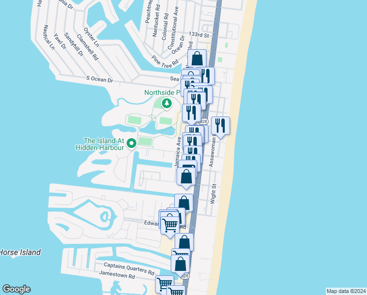 map of restaurants, bars, coffee shops, grocery stores, and more near 104 125th Street in Ocean City