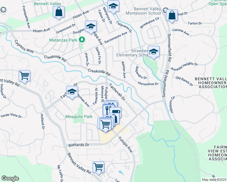 map of restaurants, bars, coffee shops, grocery stores, and more near 2740 Tachevah Drive in Santa Rosa
