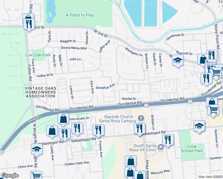 map of restaurants, bars, coffee shops, grocery stores, and more near 375 Occidental Circle in Santa Rosa