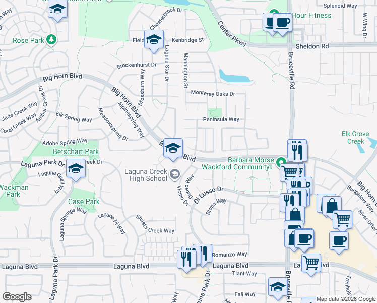 map of restaurants, bars, coffee shops, grocery stores, and more near 6616 Fairleigh Court in Elk Grove