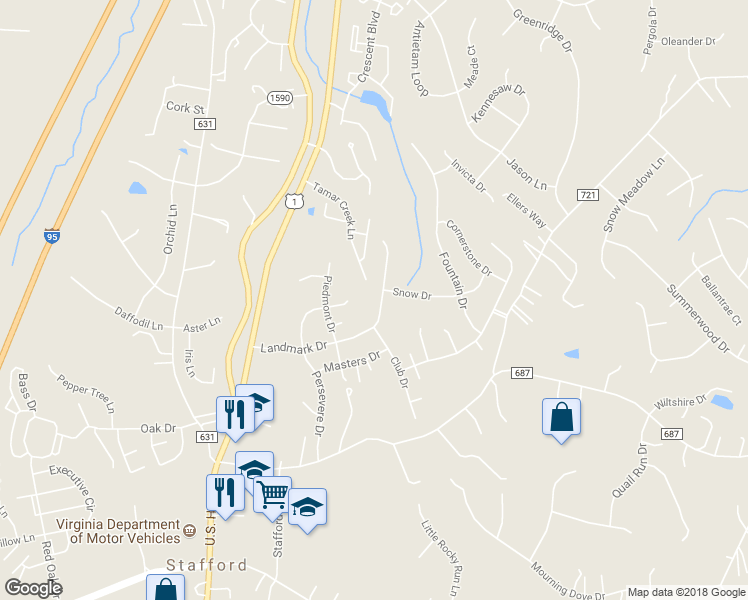 map of restaurants, bars, coffee shops, grocery stores, and more near 68 Landmark Drive in Stafford