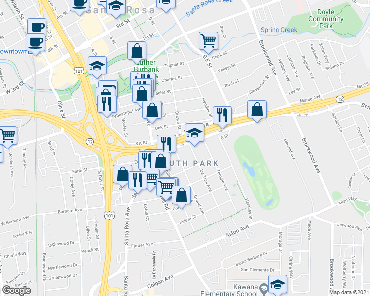 map of restaurants, bars, coffee shops, grocery stores, and more near 659 Maple Avenue in Santa Rosa