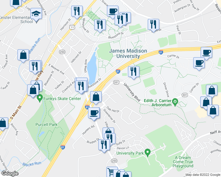 map of restaurants, bars, coffee shops, grocery stores, and more near Interstate 81 in Harrisonburg