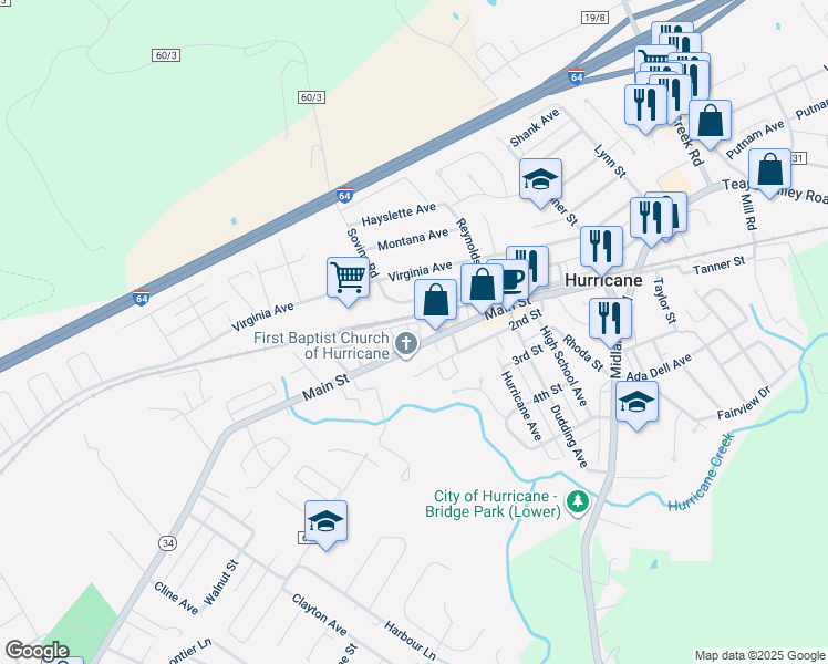 map of restaurants, bars, coffee shops, grocery stores, and more near 2613 Putnam Avenue in Hurricane