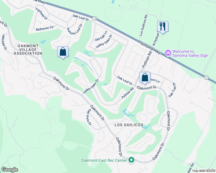 map of restaurants, bars, coffee shops, grocery stores, and more near 333 Oak Leaf Circle in Santa Rosa