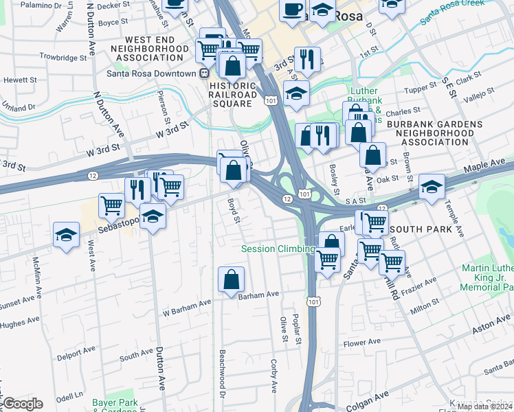 map of restaurants, bars, coffee shops, grocery stores, and more near 500 Olive Street in Santa Rosa