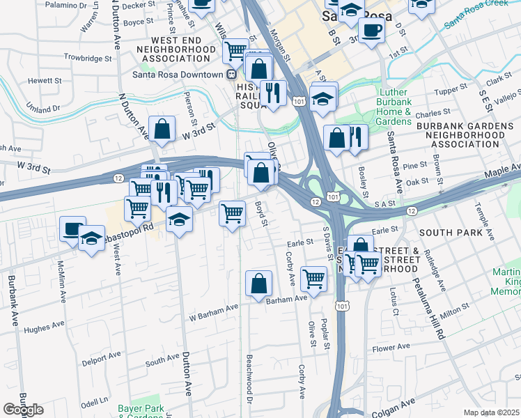 map of restaurants, bars, coffee shops, grocery stores, and more near 416 Hickory Circle in Santa Rosa