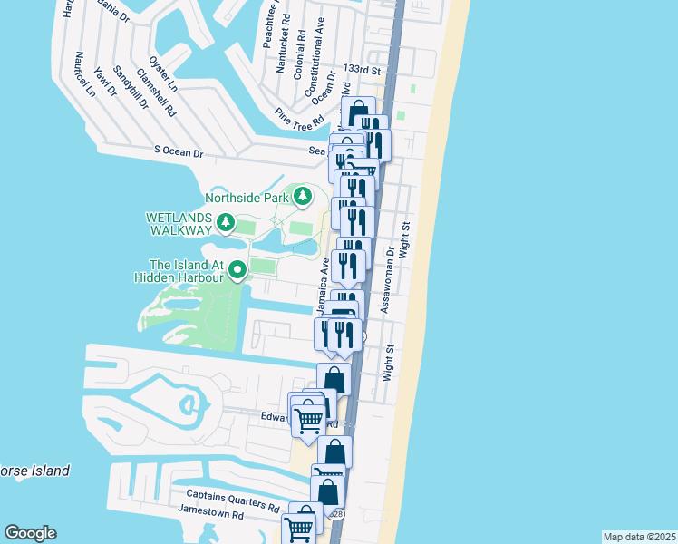map of restaurants, bars, coffee shops, grocery stores, and more near 104 125th Street in Ocean City