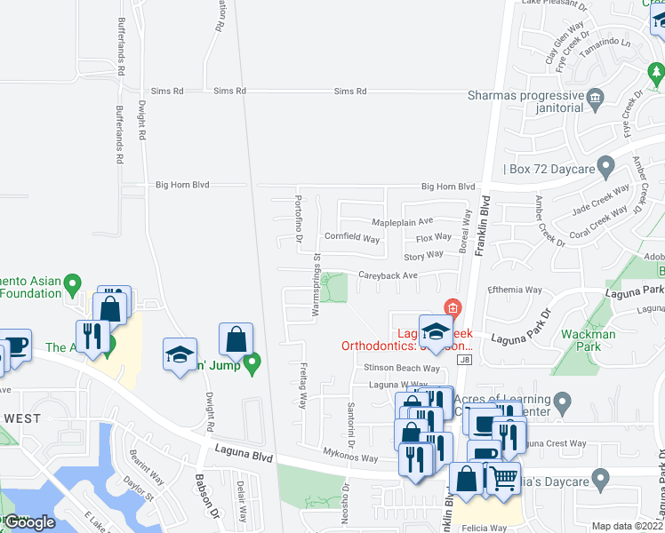 map of restaurants, bars, coffee shops, grocery stores, and more near 4313 Careyback Avenue in Elk Grove