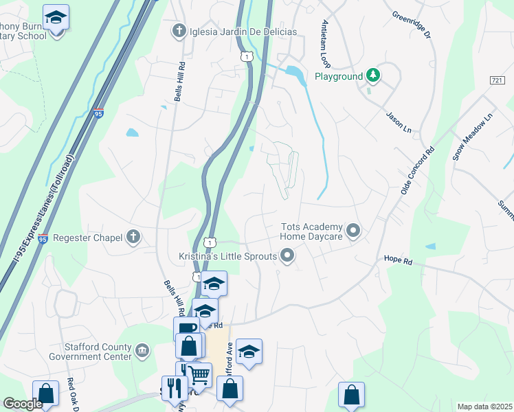 map of restaurants, bars, coffee shops, grocery stores, and more near 21 Piedmont Drive in Stafford