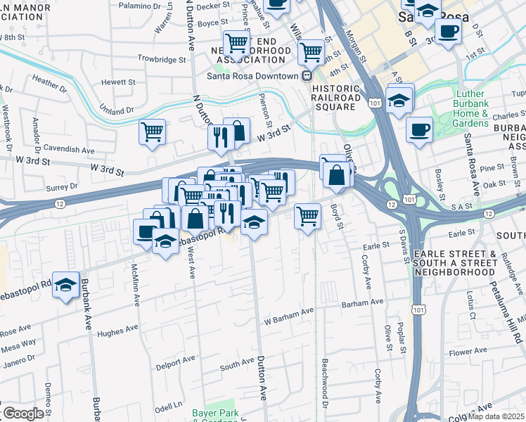 map of restaurants, bars, coffee shops, grocery stores, and more near 440 Dutton Avenue in Santa Rosa