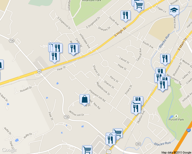 map of restaurants, bars, coffee shops, grocery stores, and more near 199 Colonial Dr in Harrisonburg